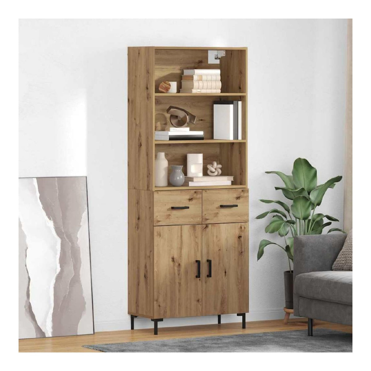 Highboard Artisan-Eiche Holzwerkstoff 69,5 x 34 x 180 cm mit 2 Schubladen und Turen, moderner Sideboard Stauraum fur Esszimmer und Wohnzimmer, langlebiges Buffet Cabinet mit viel Platz