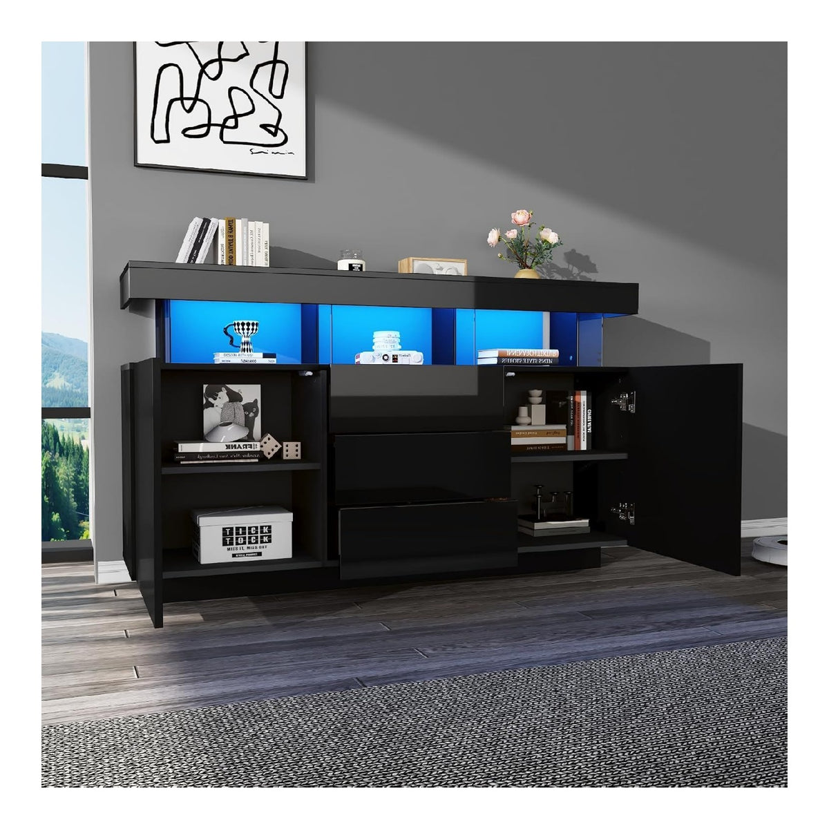 Sideboard Hochglanz 140 cm Breit fur Wohnzimmer, Kuche und Flur, Schwarz