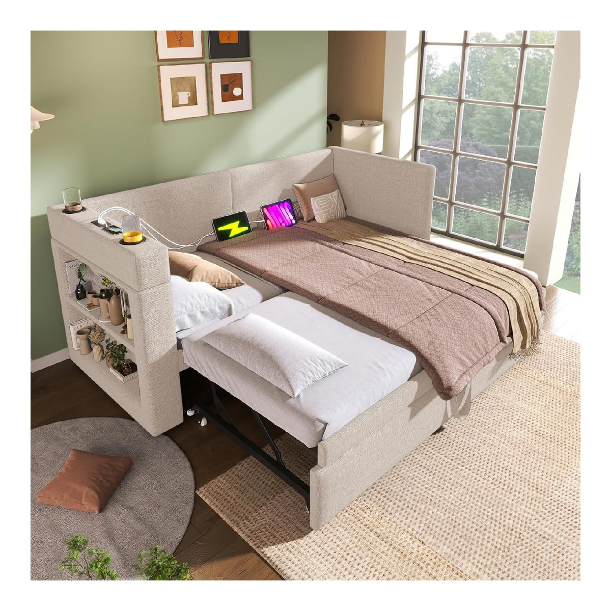 Polsterbett Ausziehbar Schlafsofa 90/180x200 mit USB- & Type-C-Ladeanschluss, Tagesbett Ausziehbett mit Lattenrost, Sofabett Funktionsbett Daybett, ohne Matratze, Beige