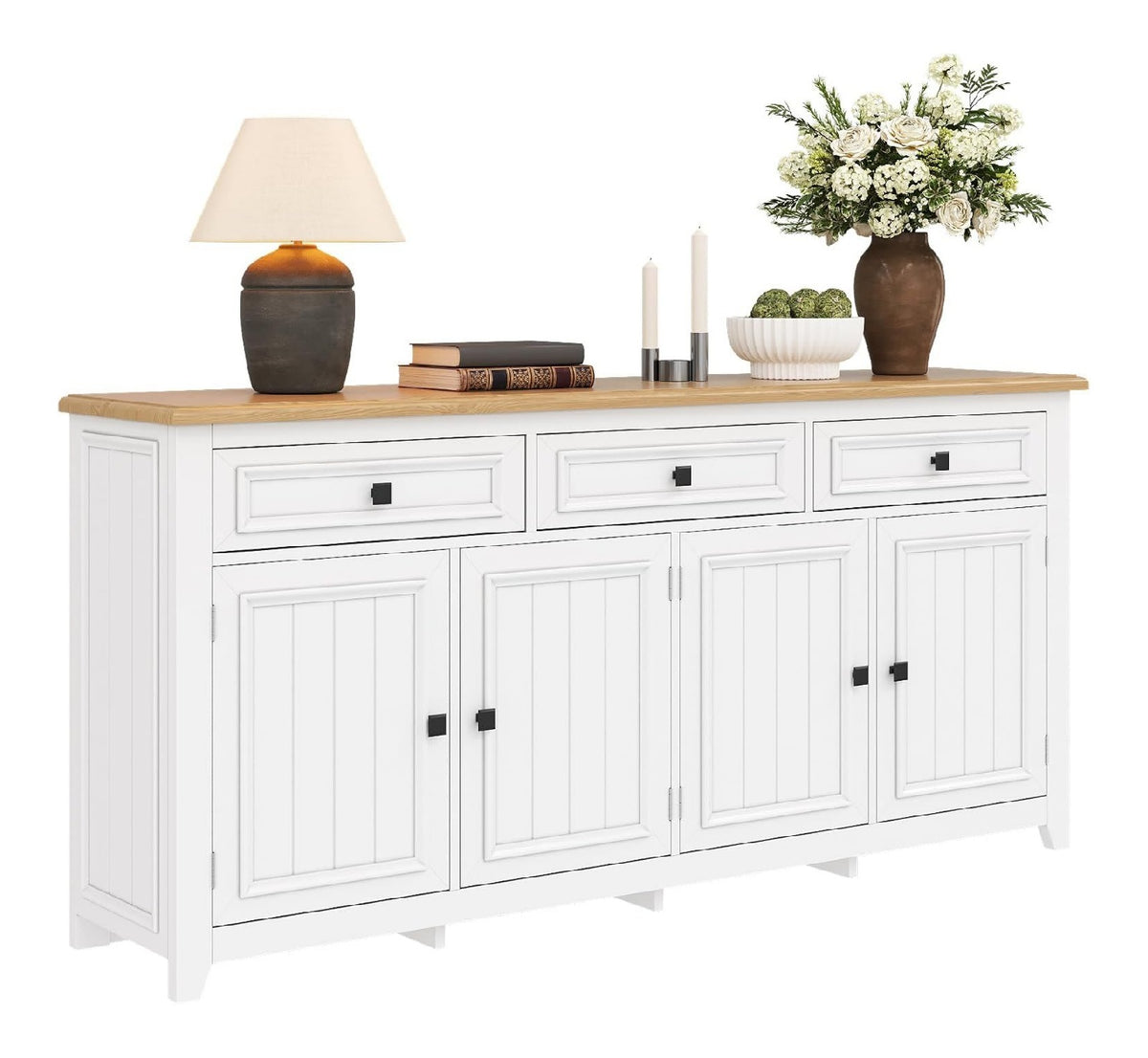 Sideboard Anrichte Schrank Buffet, Modern Wei Mit Holzmaserung, 3 Schubladen 4 Turen, 160L X 35B X 76H cm