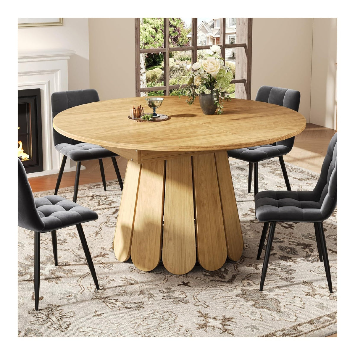 Esstisch rund ausziehbar 118-158cm, moderner Kuchentisch fur 4-8 Personen, Esszimmertisch mit stabil Blutenfu , Versteckter Stauraum, oval balkontisch fur Wohnzimmer, Esszimmer, Buro, Holzfarbe