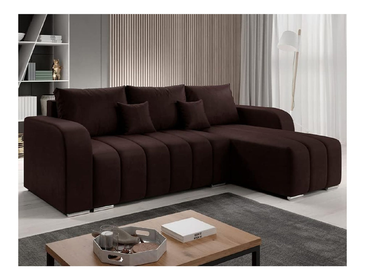 Velvet Ecksofa in L-Form 245 x 86 x 147 cm mit Schlaffunktion und Bettzeugbehalter - Schlafsofa mit Bettkasten - Eckcouch mit Stauraum - Rechts Couch Velours - Farbe: Braun MO29