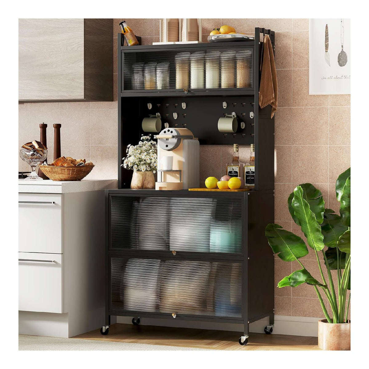 Kuchenschrank Kuchenregal 5-stufig mit Arbeitsplatte, Mikrowellenschrank mit Rollen, Kuchenbuffet Buffetschrank mit Stecktafel & 4 Haken, Standregal Sideboard mit Klappturen sichtbar