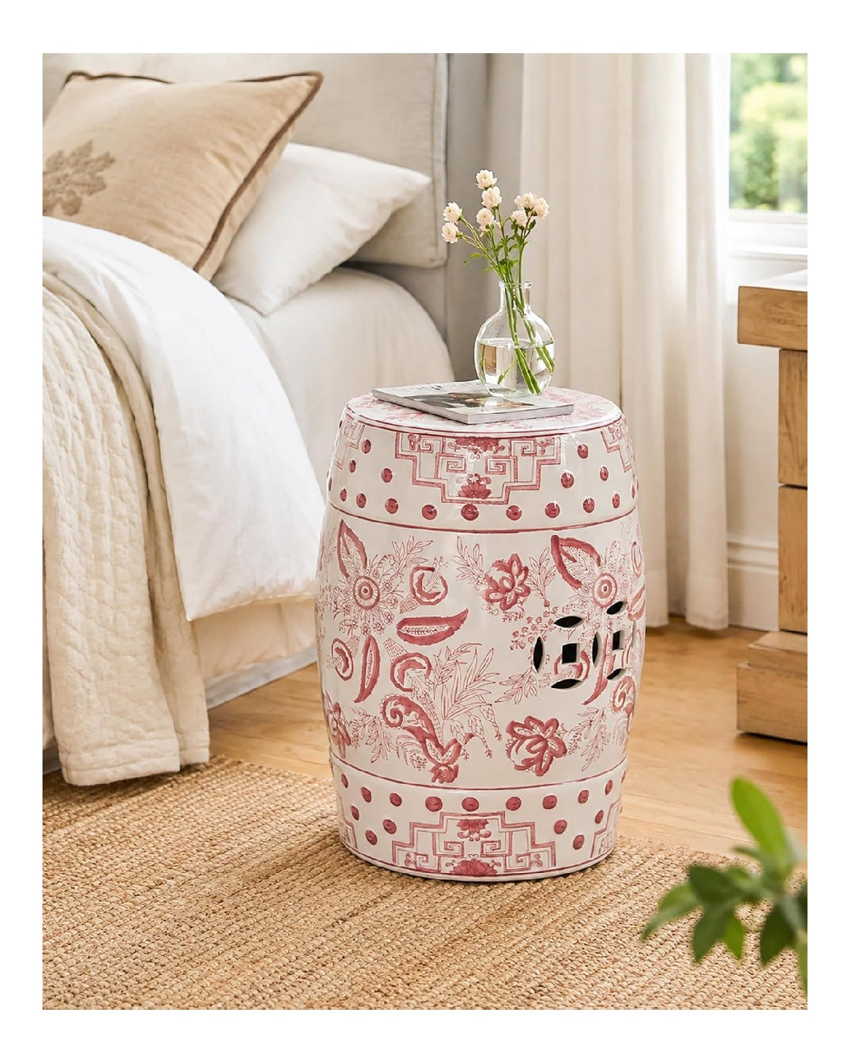 Keramik-Gartenschemel - Orientalisch Blau-Wei Florales Trommel-Akzent-Beistelltisch - Indoor-Pflanzenstander Fu hocker fur Wohnzimmer, Terrasse, Balkon, 17,7' Hohe