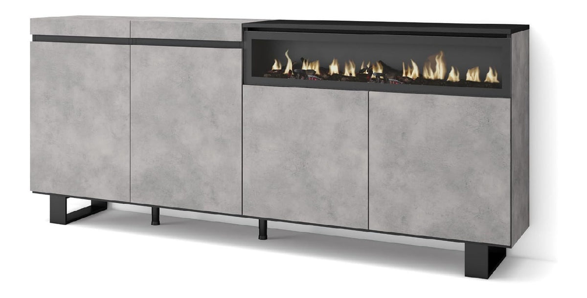 Sideboard, Highboard Kommode, Komodenschrank 200x87x35cm 4 Turen Elektrokamin. Ma e Industriedesign Moderner Stil Zement