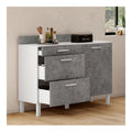 Kuchenbuffet 120 cm Frontauszug CINA Arbeitsplatte H.83 cm 1 Tur + 3 Schubladen wei und Betoneffekt