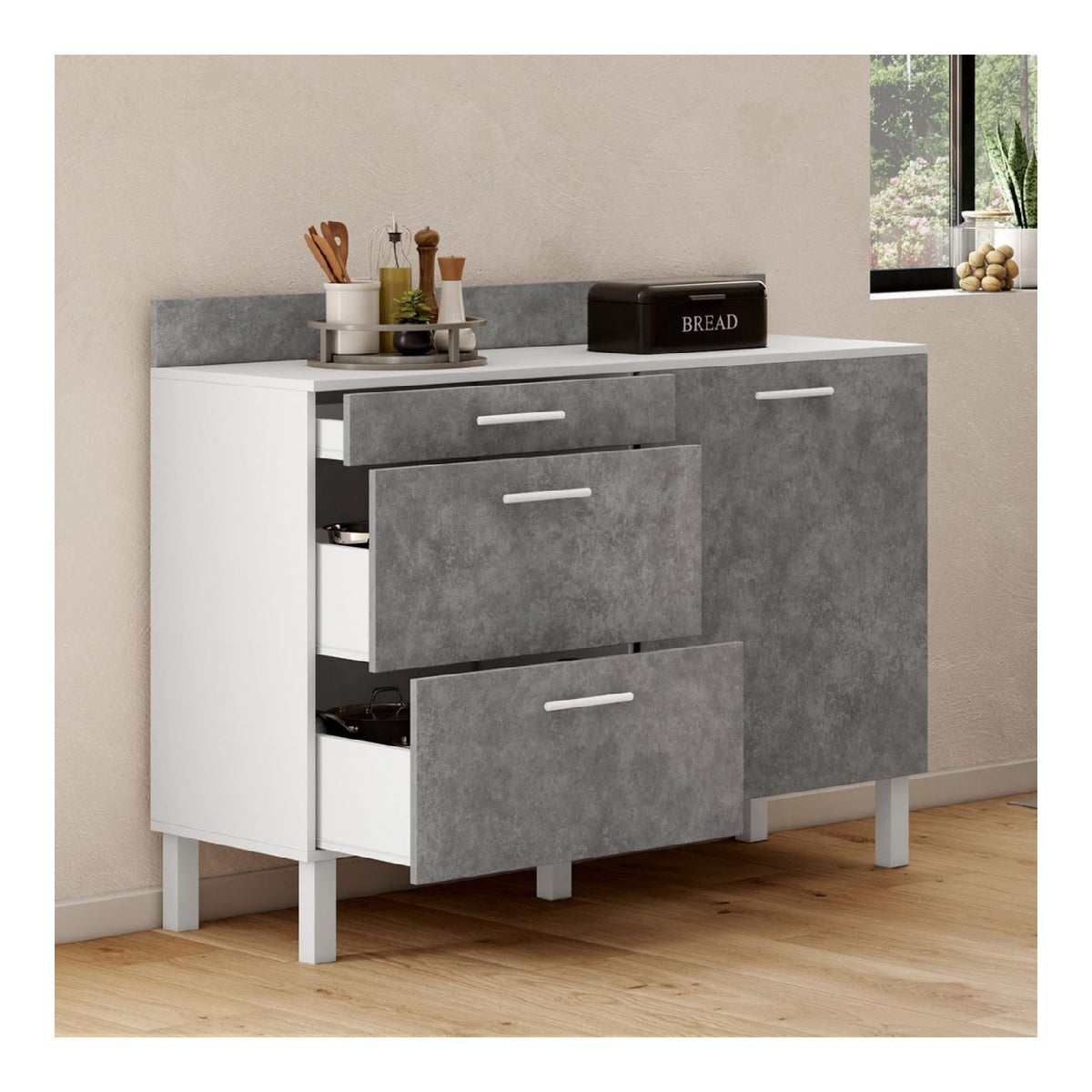 Kuchenbuffet 120 cm Frontauszug CINA Arbeitsplatte H.83 cm 1 Tur + 3 Schubladen wei und Betoneffekt
