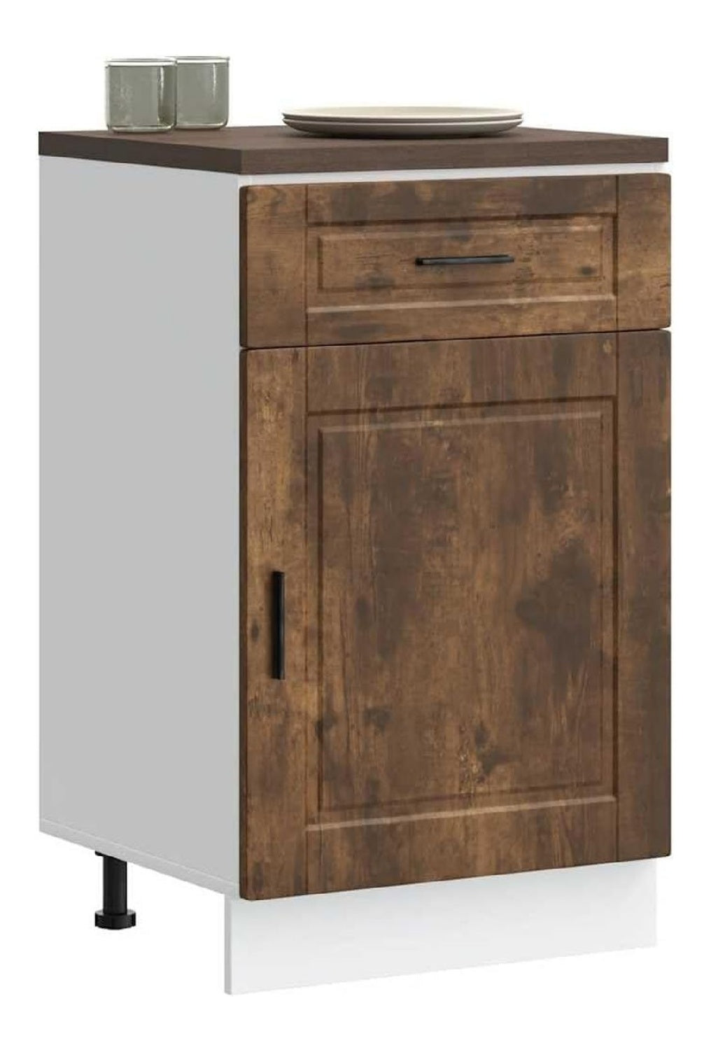 Schubladenschrank mit Tur Sideboard Kuche Organizer Geraumiger Kuchenschrank mit Viel Stauraum Kuchenmobel Aufbewahrungsschrank Rauchereiche 50x46x81,5 cm Holzwerkstoff
