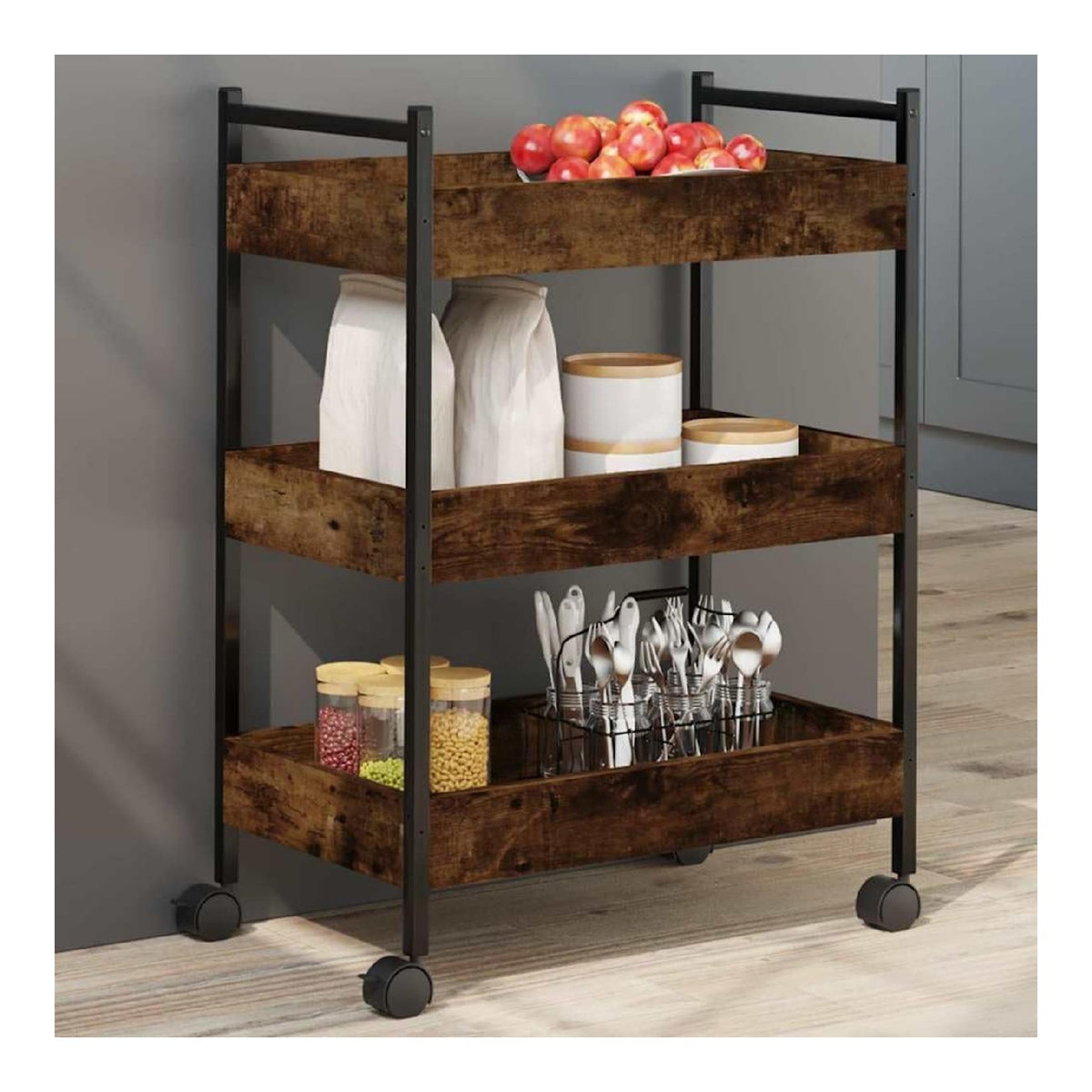Kuchenwagen Rauchereiche Holzwerkstoff 50x30x70 cm mit Stahlrahmen und 4 Rollen, Servierwagen und Beistellwagen mit Stauraum fur Kuche, Esszimmer und Bar