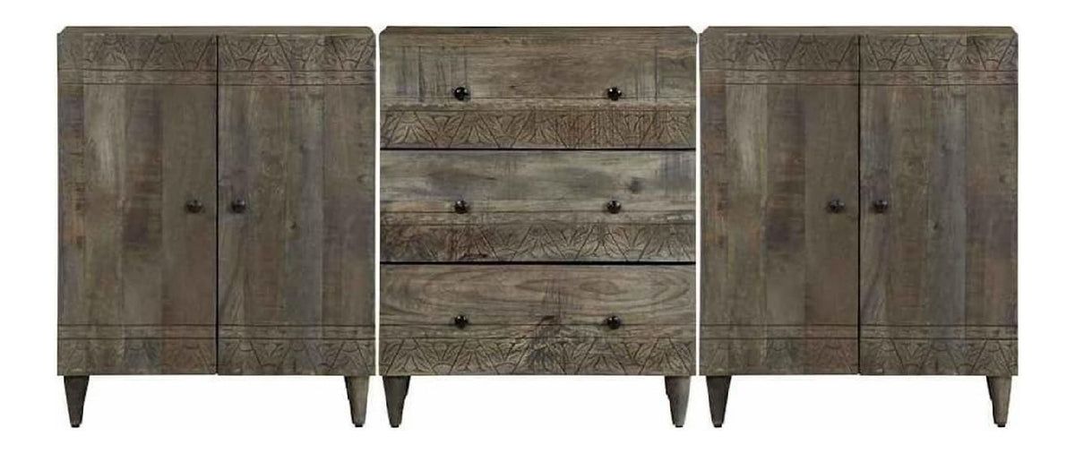 3-TLG. Sideboards Esszimmer Sideboard Hellgrau 60x33,5x75 cm Massivholz Mango mit starker Oberplatte und reichlich Stauraum