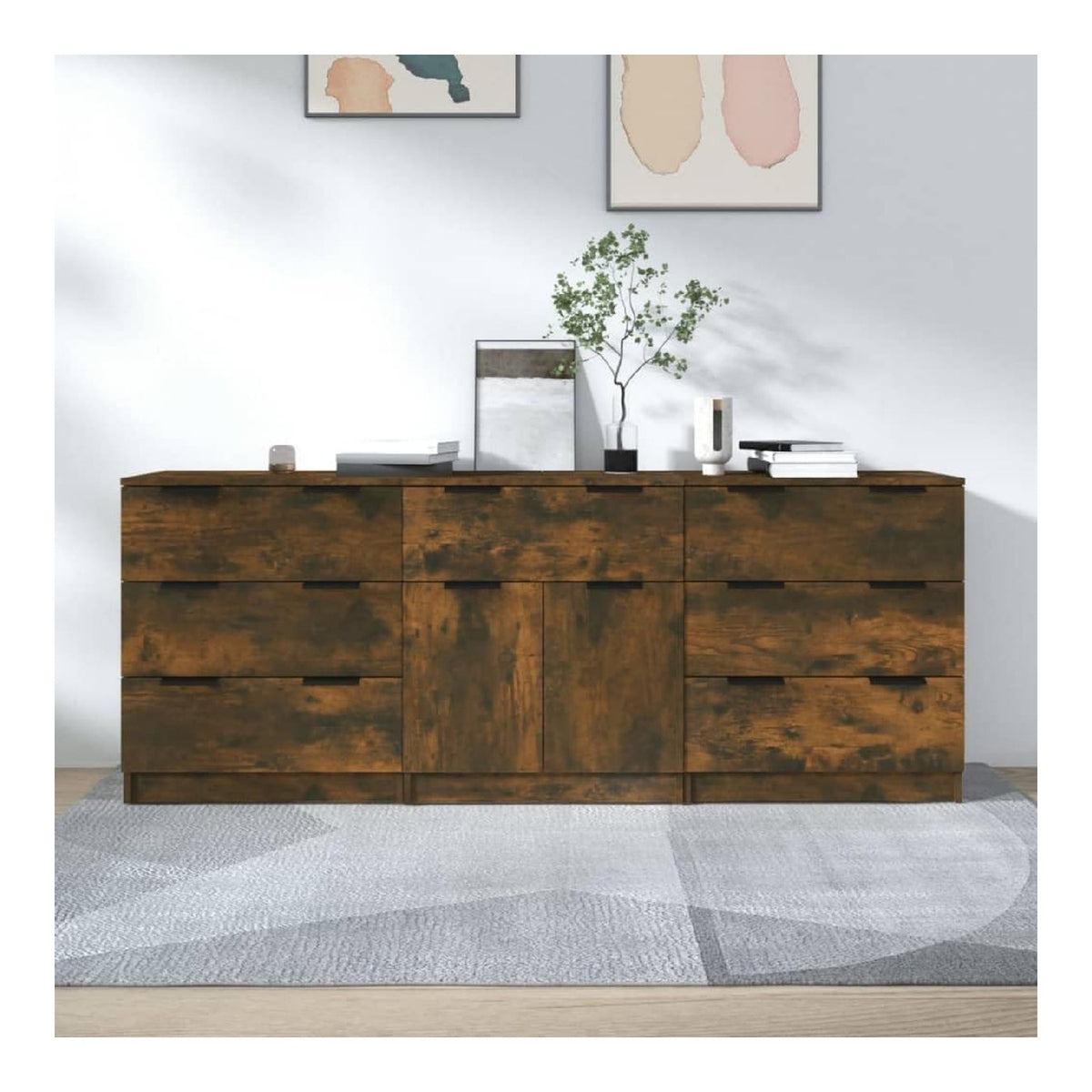 Sideboard fur Esszimmer, 60 x 30 x 70 cm, 3 Stuck, Eiche Rauch, Holz, mehrschichtig, Schrank fur Wohnzimmer, Buffet, Tagesbereich, gro er Stauraum, Mobel fur Wohnzimmermobel, fur Zeitschriften