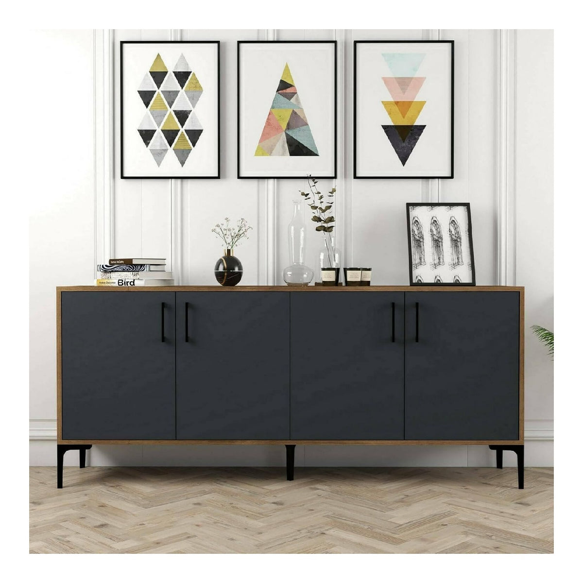 Kommode Orionis, Wohnzimmerbuffet, Wohnzimmer-Sideboard, Moderne Kuchen-Speisekammer, 180x35h78 cm, Walnuss und Anthrazit