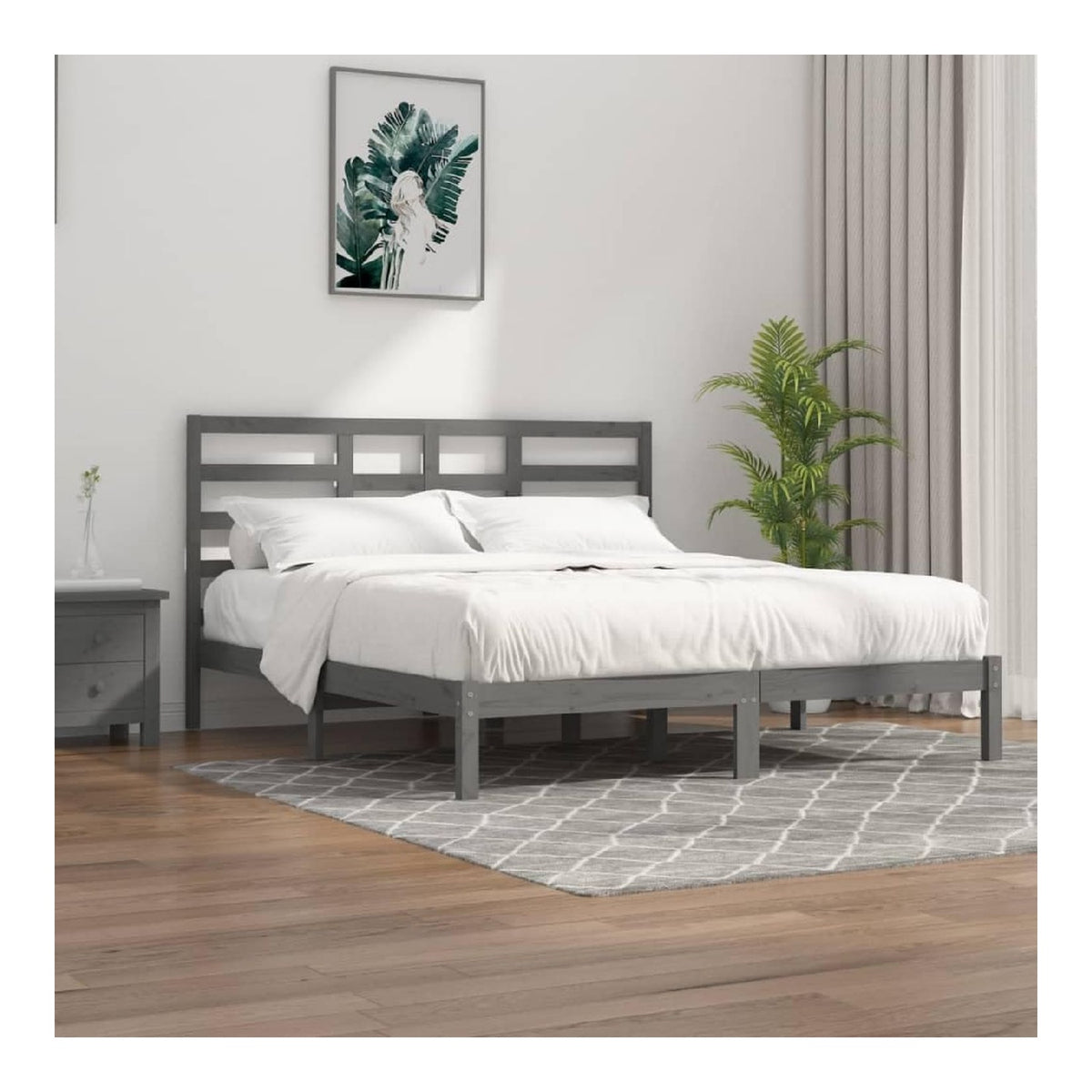 Massivholzbett Grau 200x200 cm Kiefernholz, Robustes Bettgestell mit Kopfteil, modernes Schlafzimmermobel, Stabiler Lattenrost, langlebiges Plattformbett