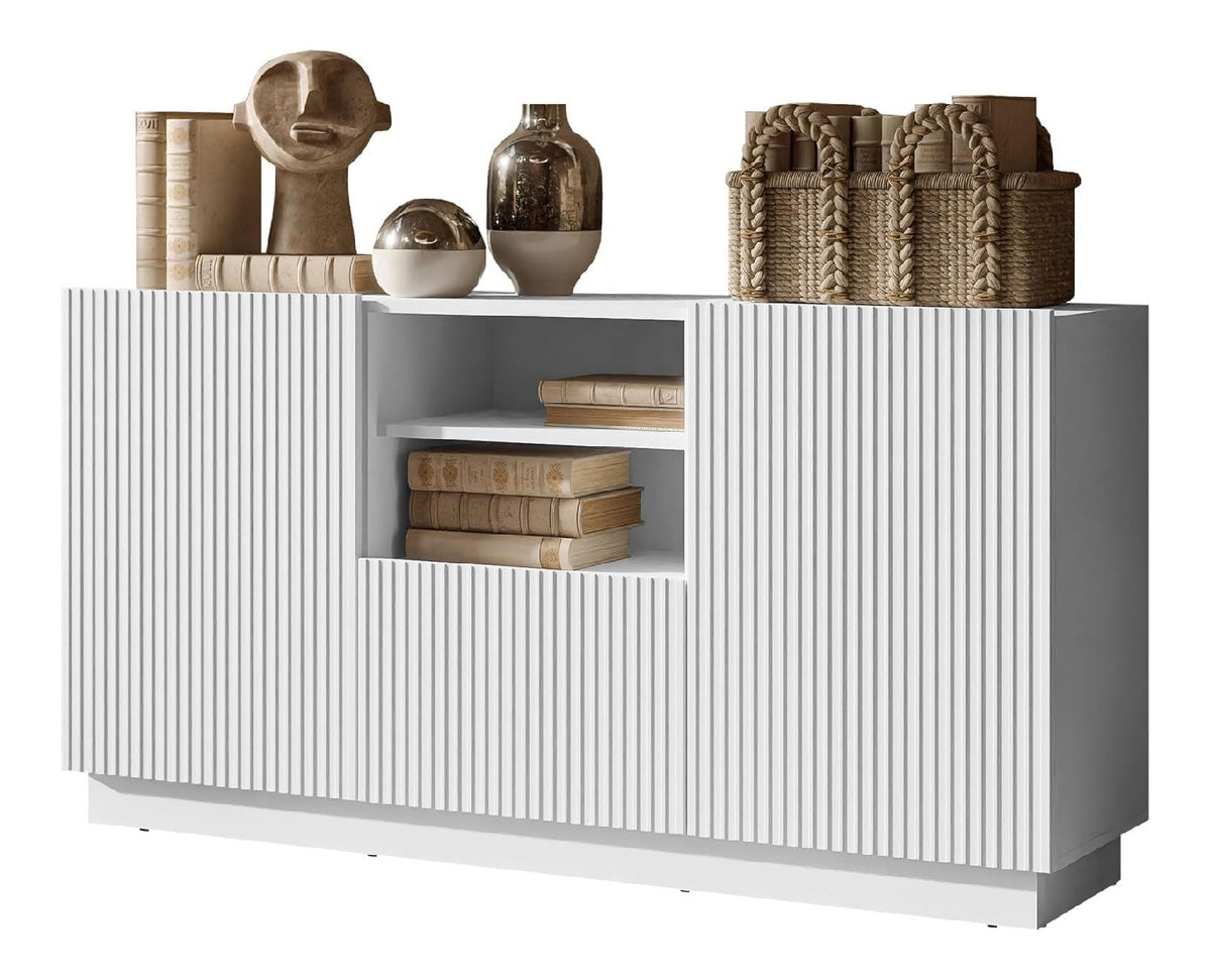 Kommode Liwerio 150 2D1SZ mit 2 Turen, Schublade und 2 Ablagefacher, geriffelte Fronten, Highboard, Anrichte, Mehrzweckschrank (Wei )