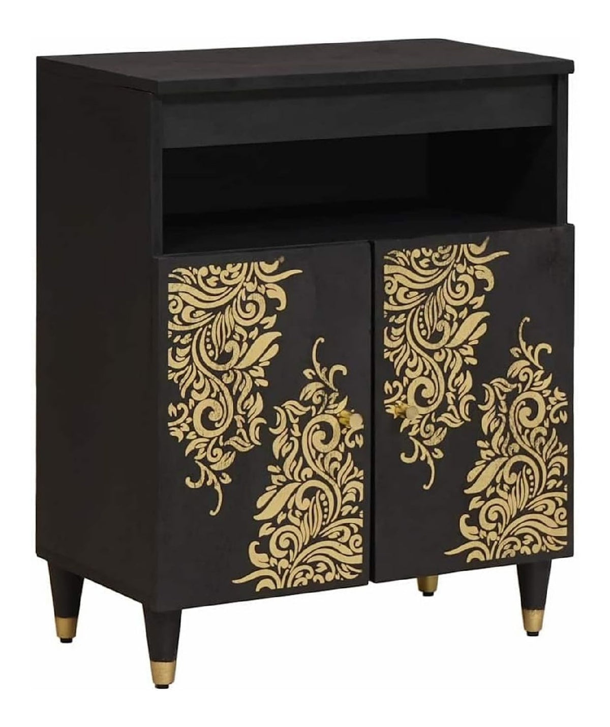 Sideboard Schwarz 60 x 33 x 75 cm Massivholz Mango mit Messinggriffen
