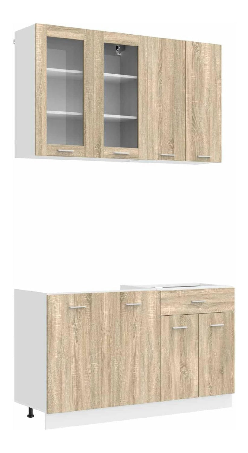 Kuchenzeile 4-teilig, Sonoma-Eiche, Holzwerkstoff, Oberschrank mit Glastur 80 x 31 x 80 cm, Unterschrank mit Schublade, Wandmontage, hohenverstellbare Fu e