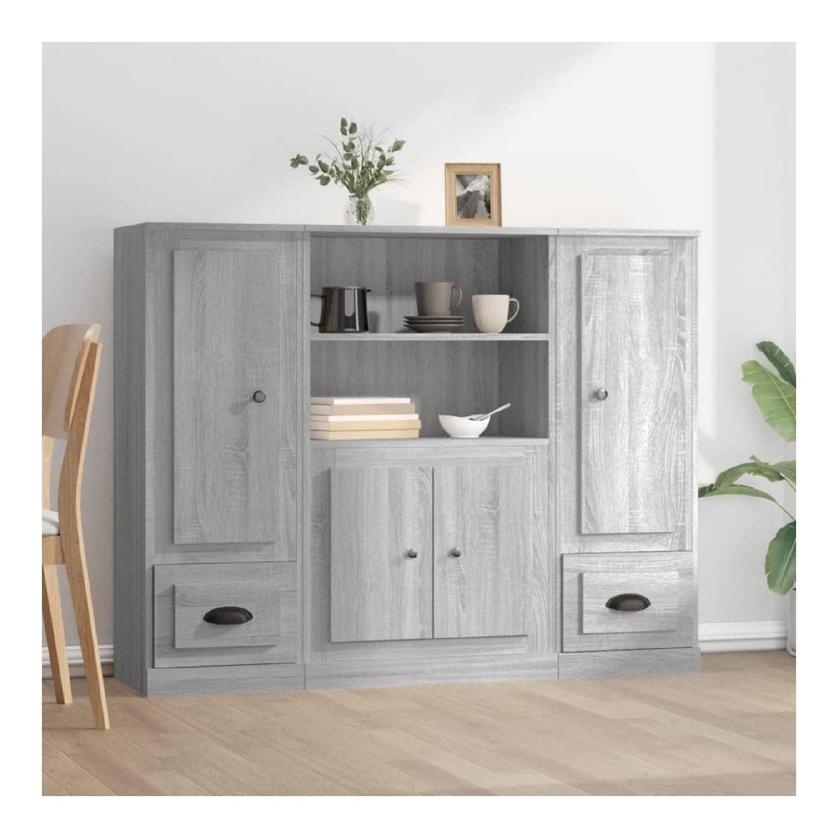 Beistelltisch Schranke Buffet Schranke Kuche Schranke Highboards 3 STK. Grau Sonoma Holzwerkstoff fur Wohnzimmer, Esszimmer und Kuche 132 x 35.5 x 103.5 cm