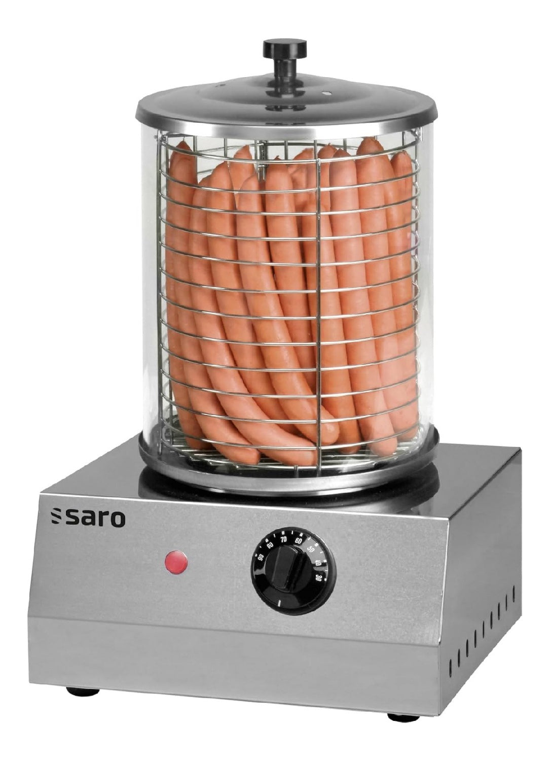 SARO Hot-Dog-Maker - Mit Glaszylinder - Edelstahlgehause - Temperaturregelung 0-110 C - Kompakt - B 280 x T 260 x H 420 mm - 1 kW - Modell CS-100