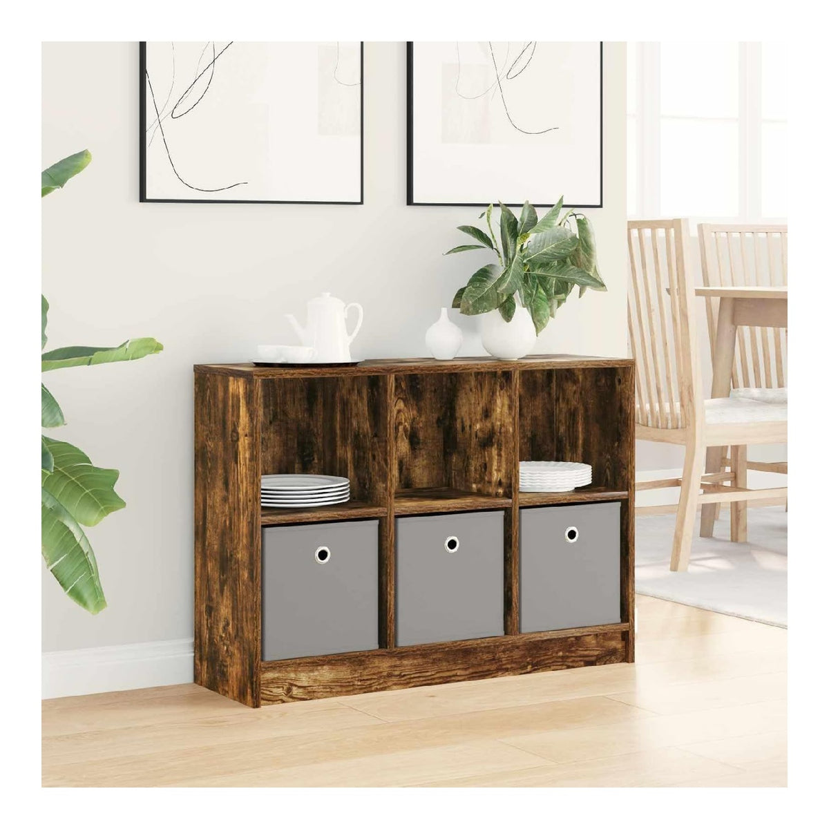 Sideboard Geraucherte Eiche 88,5 x 27,5 x 63,5 cm mit 3 Schubladen, Holzwerkstoff Kommode fur Wohnzimmer, Flur, Buro, vielseitiger Stauraum und modernes Design