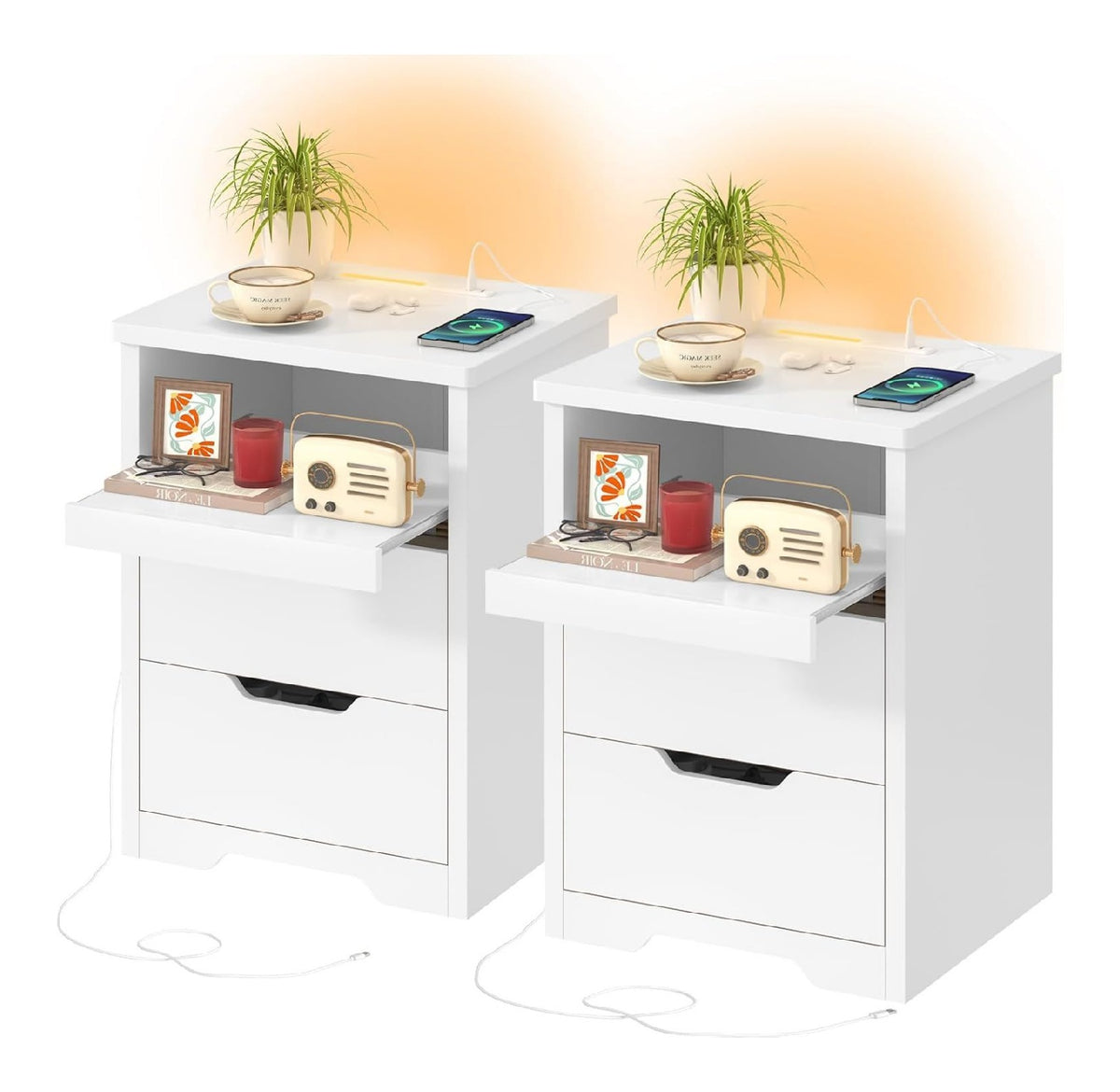 Nachttisch 2er-Set mit LED-Beleuchtung & USB/Type-C Schnellladung, Moderner Beistelltisch und Nachtschrank mit Schiebeplatte & 2 Schubladen, fur Wohnzimmer und Schlafzimmer, Wei