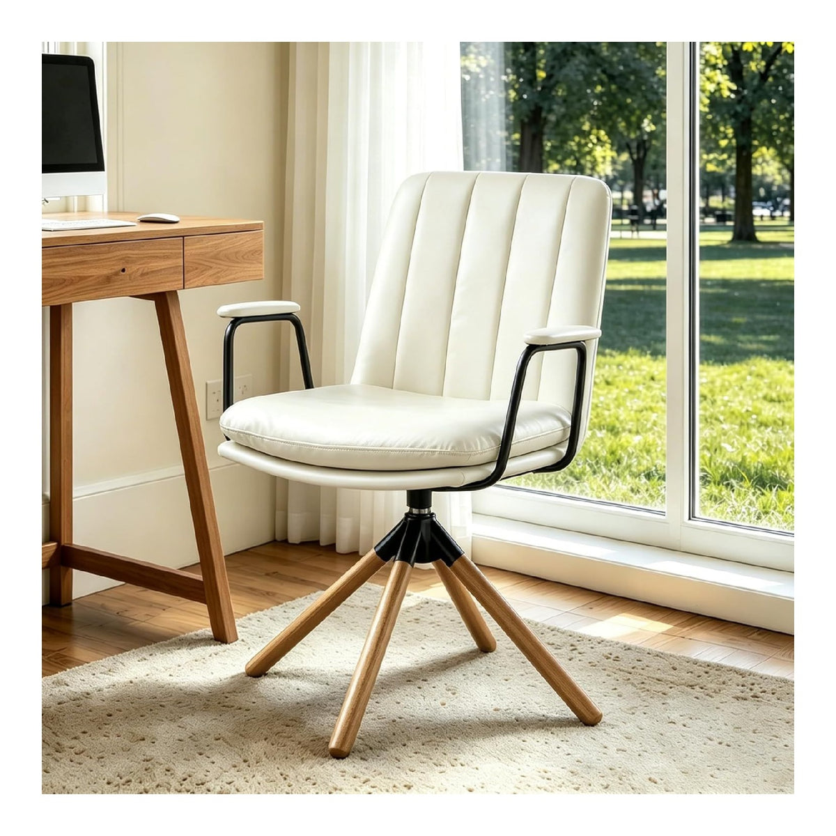 Zouron Kunstleder Schreibtischstuhl Beige Ohne Rollen - Mid Century Modern Drehstuhl, Beige Kunstleder gepolsterter Burostuhl mit Eichenholzbeine, Holz Akzentsessel fur Home Office