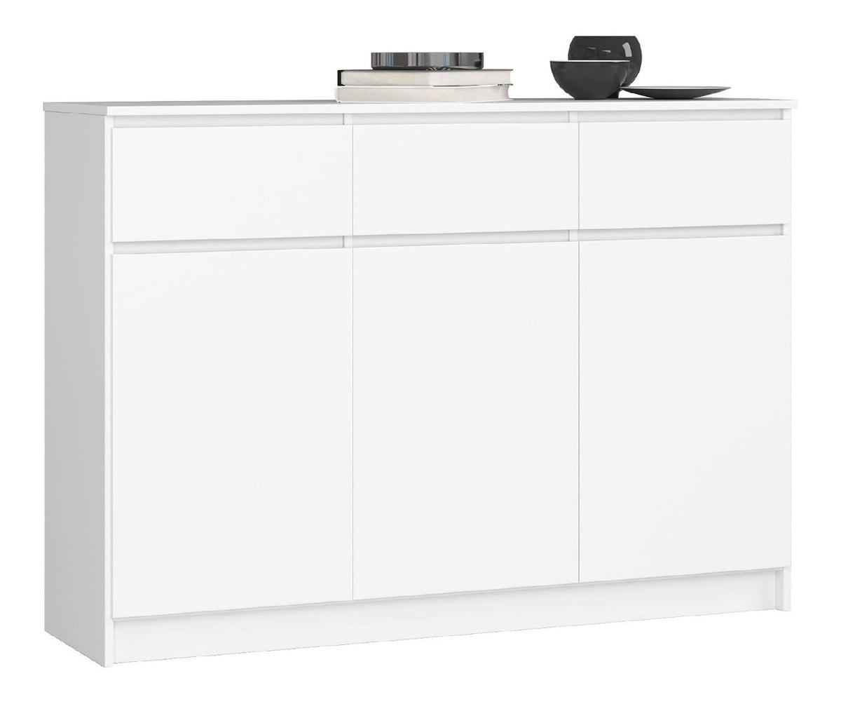Kommode K 140 cm 3 Schubladen und 3 Turen fur Wohnzimmer Schlafzimmer Schrank Arbeitszimmer Modernes Funktionales Design Schichtstoffplatte 16mm Farbe Wei