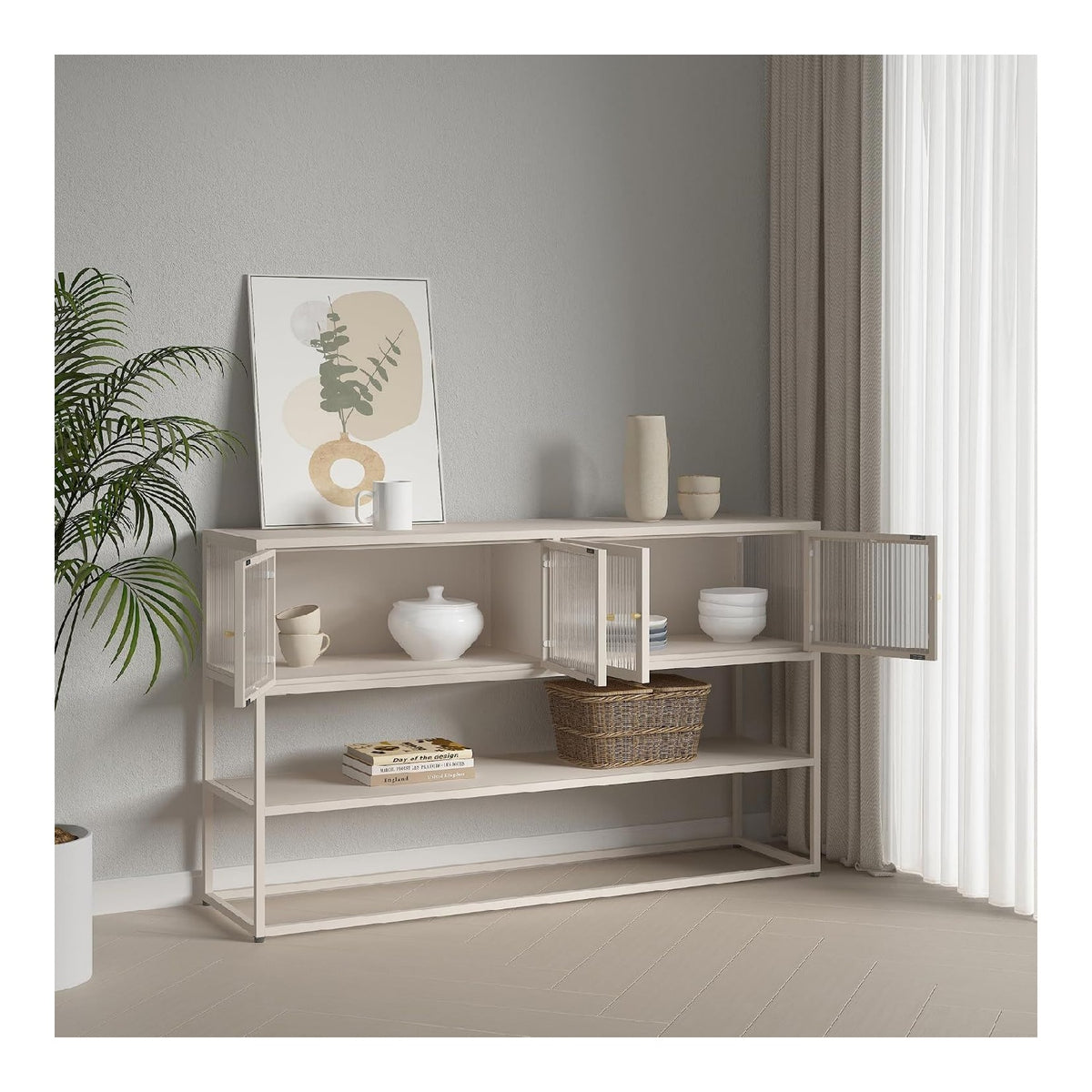 Sideboard Sakyla Vitrine Mehrzweckschrank 150 x 38 x 90 cm Vitrinenschrank mit 4 Glasturen 2 Fachern und 1 Ablage fur Wohnzimmer Esszimmer Flur Kamelfarben