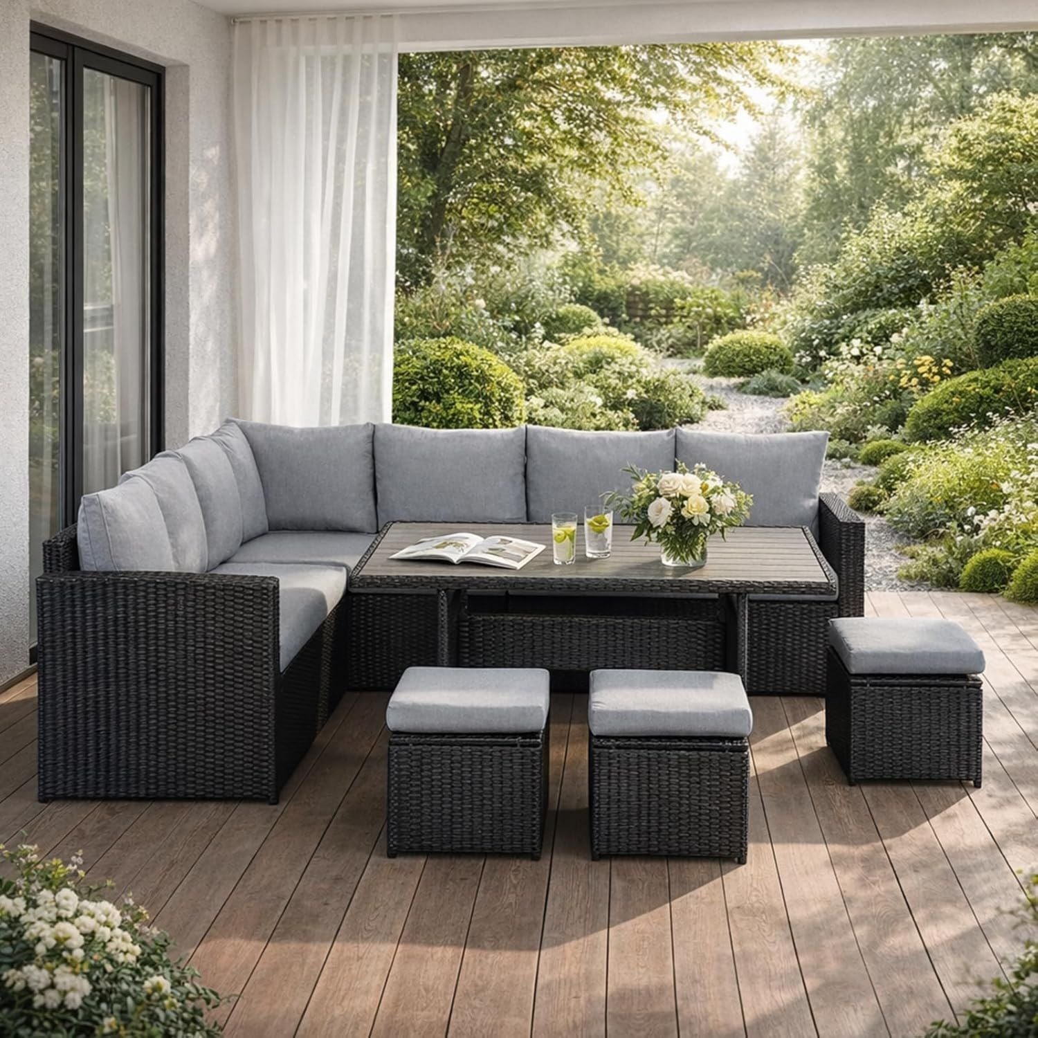 Hochwertige Polyrattan Gartenlounge Set 7 teilig geeignet f¨¹r 8 bis 10 Personen schwarz Variante 112