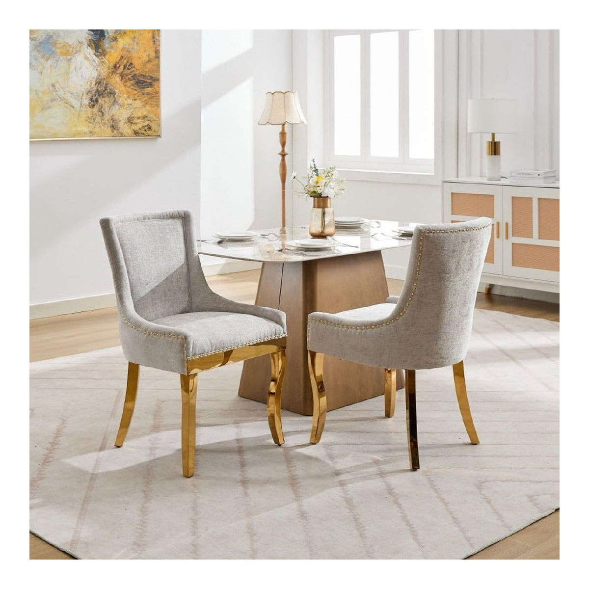 2er beige Esszimmerstuhle Chenille mit vergoldeten Beinen
