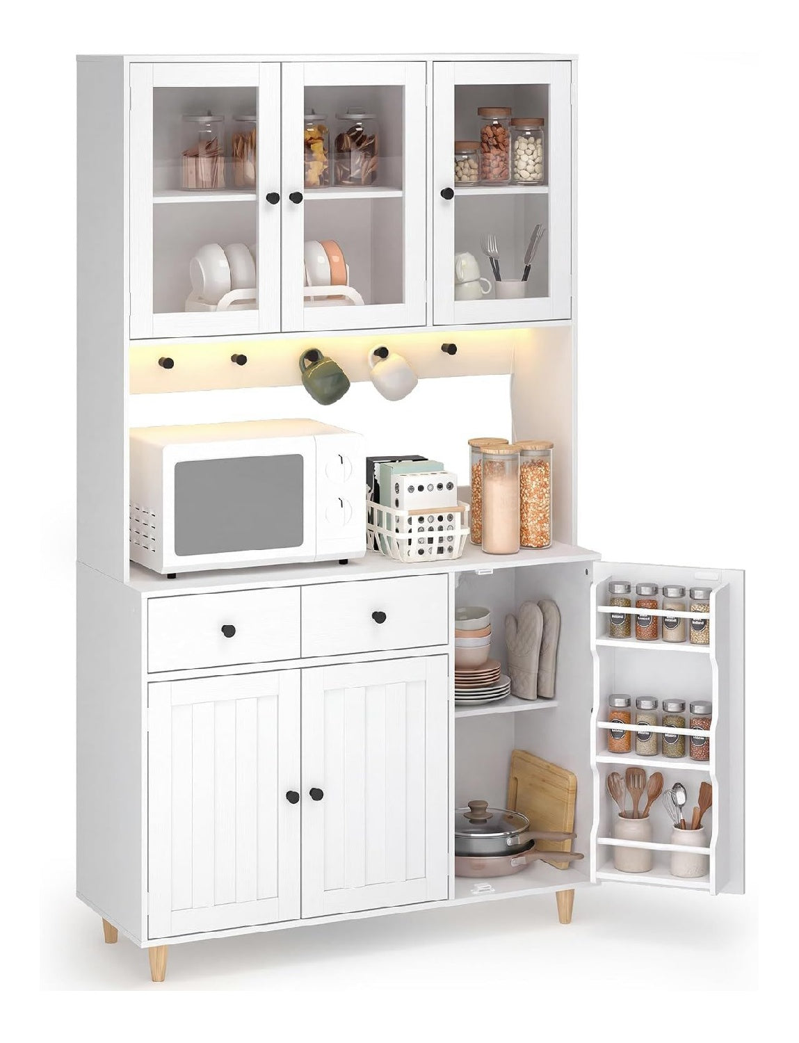 Blishom Hohes Kuchenbuffet mit Steckdosen & LED, Sideboard fur Kuche, Wei