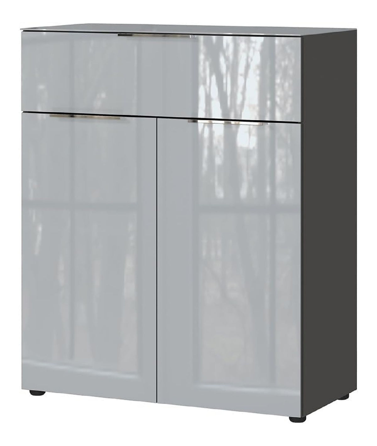 Kommode Schrankkommode Anrichte Glasfront 83cm breit in Silbergrau mit Graphit