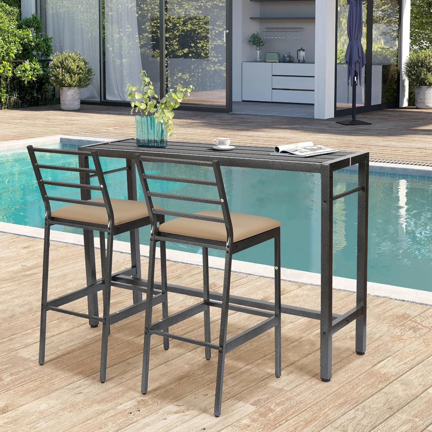 Hochwertige Gartentisch wetterfest 3 TLG Terrassen Bar Set 140cm rechteckiger High ausgestattet mit Barhockern 2 Polsterhockern Gartenmoebel Set geeignet f¨¹r Balkon Hinterhof Veranda Variante 497