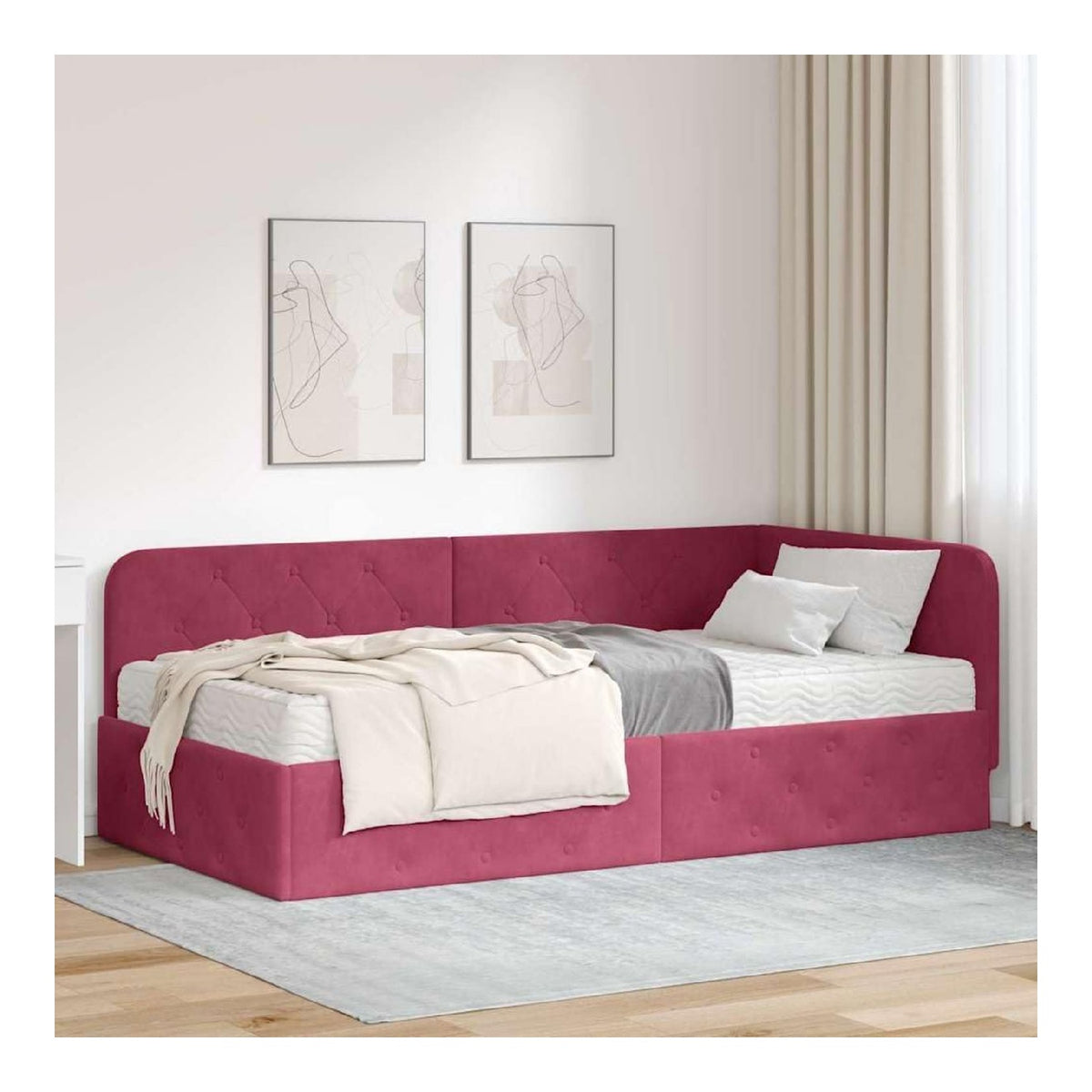 Bettgestell, Eckbett, Velours, Bordeaux, 90 x 190 cm