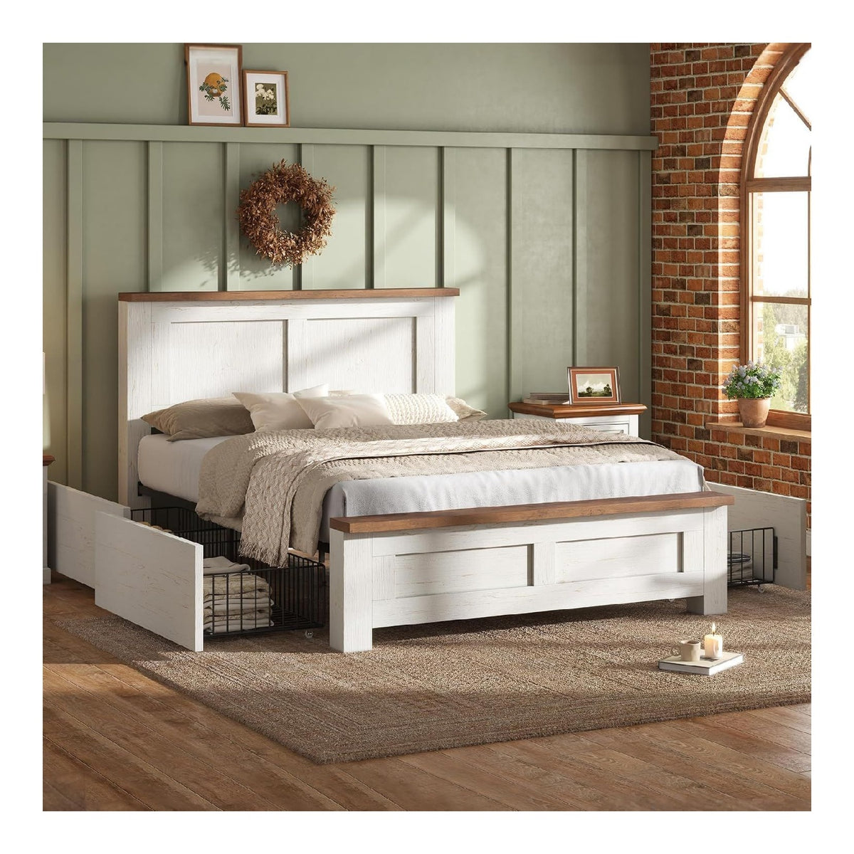 LUXOAK 160x200 Holzbett Bettgestell mit Stauraum und Kopfteil, Wei