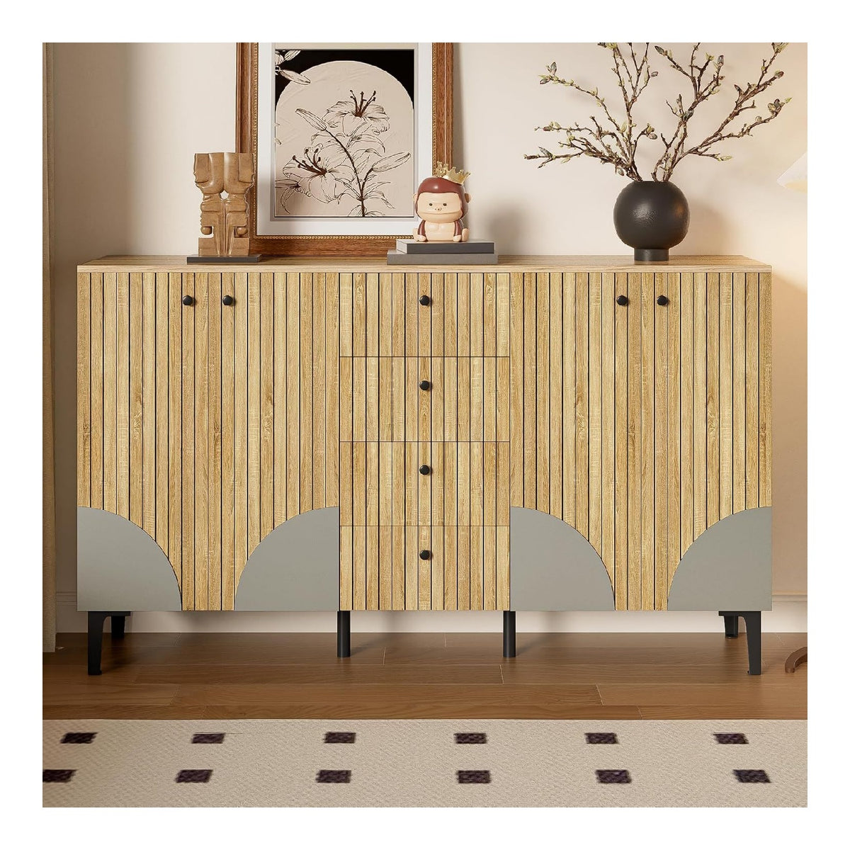 Moderne Kommode mit Schubladen in Holzoptik & Schwarz, Sideboard mit Gerauschlosen Schienen, Aufbewahrungsschrank fur Flur, Esszimmer & Mehr, 120x40x80 cm