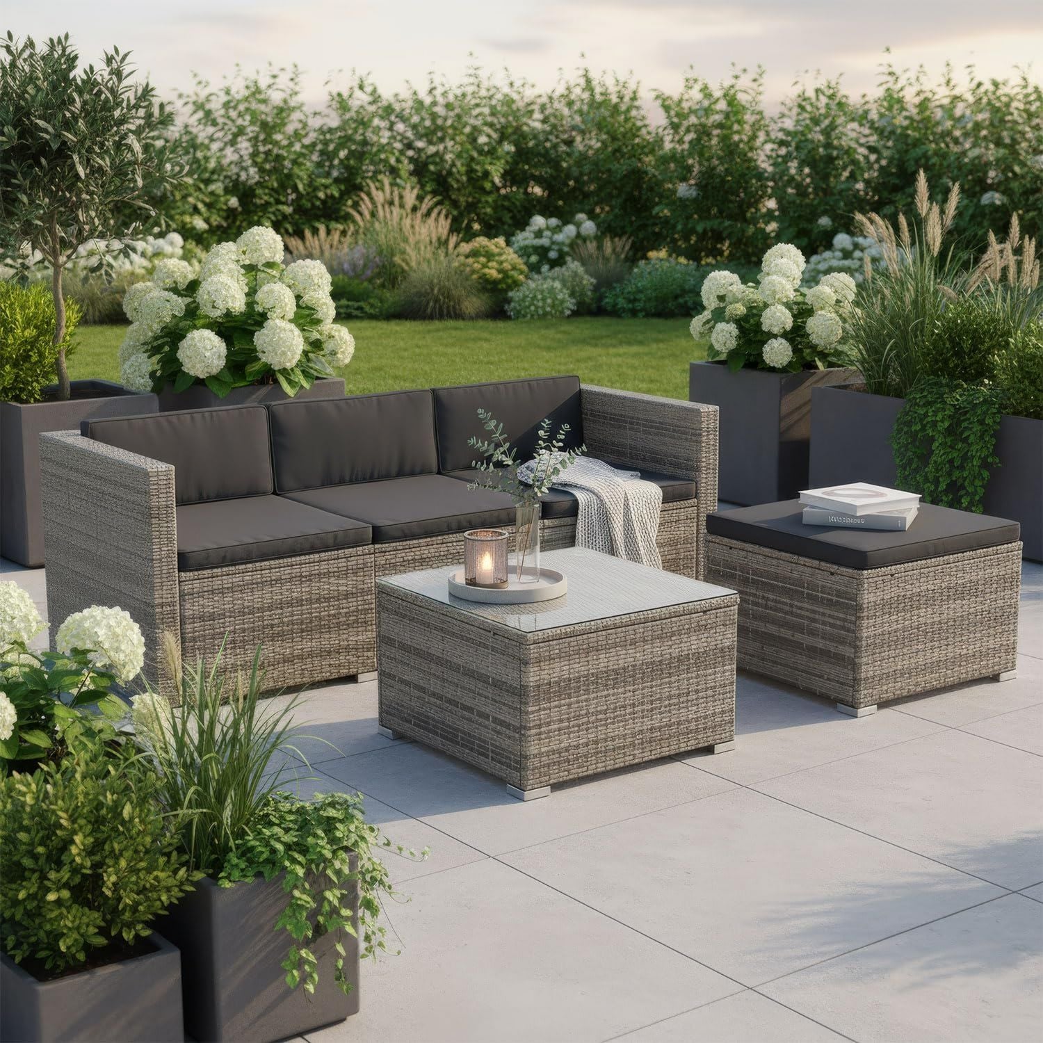 Hochwertige Gartenmoebel Set M Punta Cana Polyrattan Lounge Moebel geeignet f¨¹r 3 bis 4 Personen ausgestattet mit Sofa Armst¨¹hle Kissen f¨¹r den Au?eneinsatz geeignete Balkonmoebel f¨¹r Terrasse grau meliert Variante 694