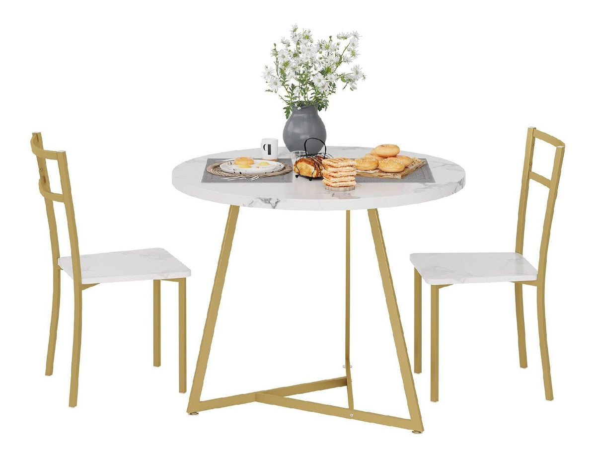 Kompaktes Esszimmer-Set 3-Teilig Fur 2 Personen, Runder Esstisch Holzmaserung Metallgestell Mit 2 Gepolsterten Sitzstuhlen, Geeignet Fur Kleine Kuchen Wohnungen Cafes, Leicht Aufzubauen, We