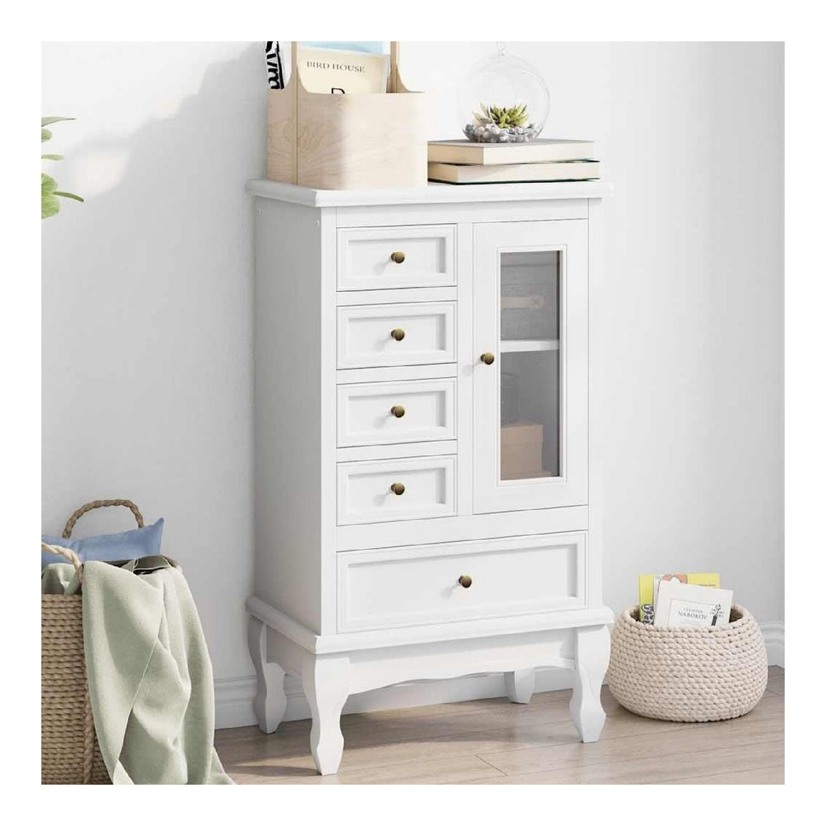 Schrank mit 5 Schubladen, 2 Facher, Wei , MDF, Kiefernholz