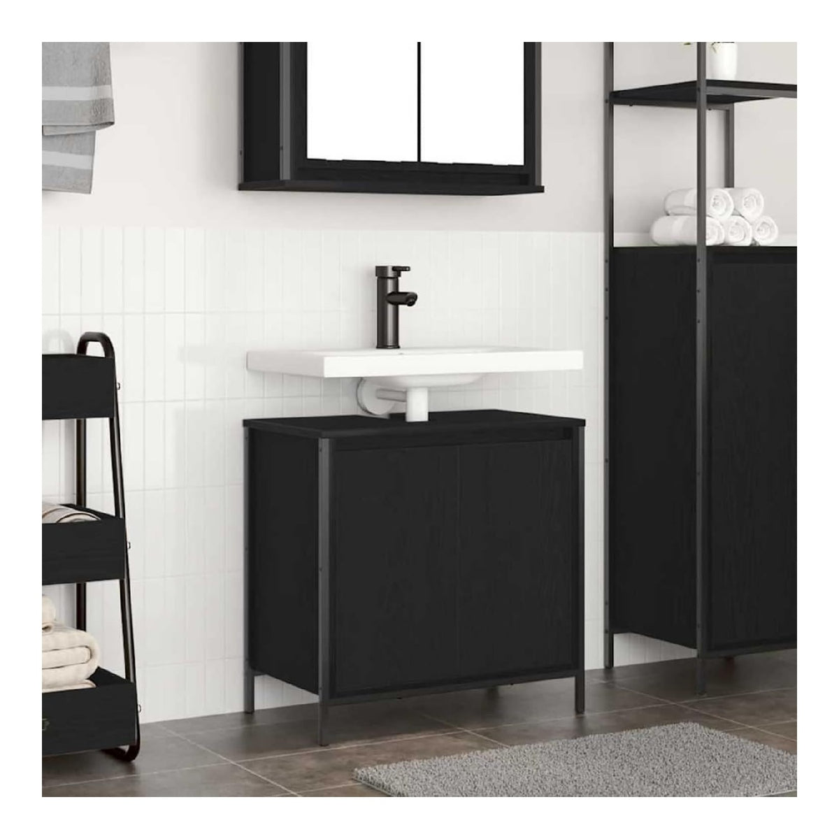 Waschbeckenunterschrank 60 cm breit Schwarz aus Holzwerkstoff & Stahl, 2-Fach-Stauraum, fur Moderne Badezimmer