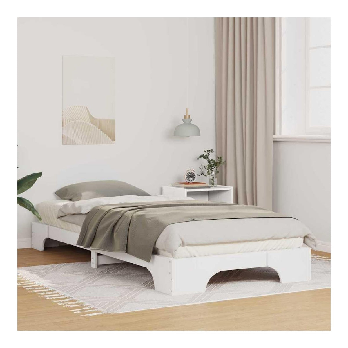 Wei es Bodenbettgestell aus Massivholz Kiefer, 90 x 210 cm Plattformbett mit Lattenrost, Langlebiges Einzelbett fur Erwachsene und Teenager, Stabile Schlafzimmermobel ohne Boxspring