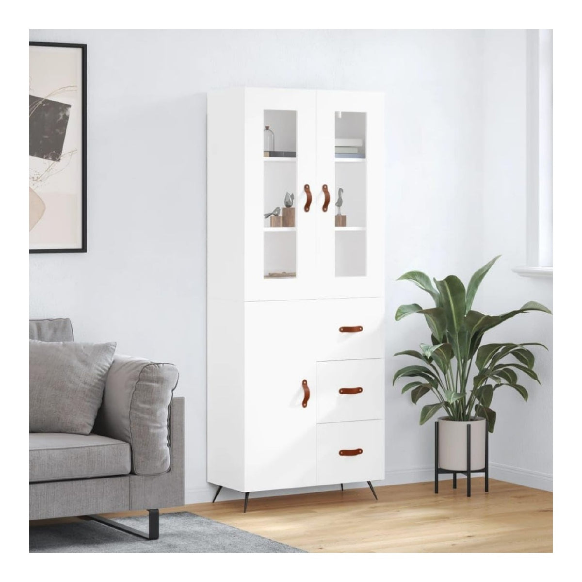 Wei es Highboard 69,5x34x180 cm, Holzwerkstoff, modernes Sideboard Buffet Cabinet mit viel Stauraum, fur Wohnzimmer, Esszimmer, Flur, Metallfu e, langlebig
