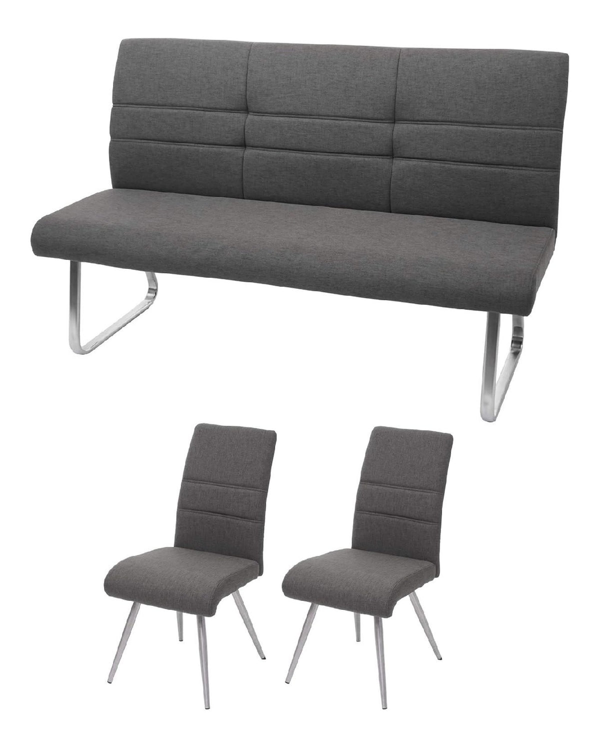 Set 2X Esszimmerstuhl+Sitzbank HWC-G55 - grau-braun Bank 180cm