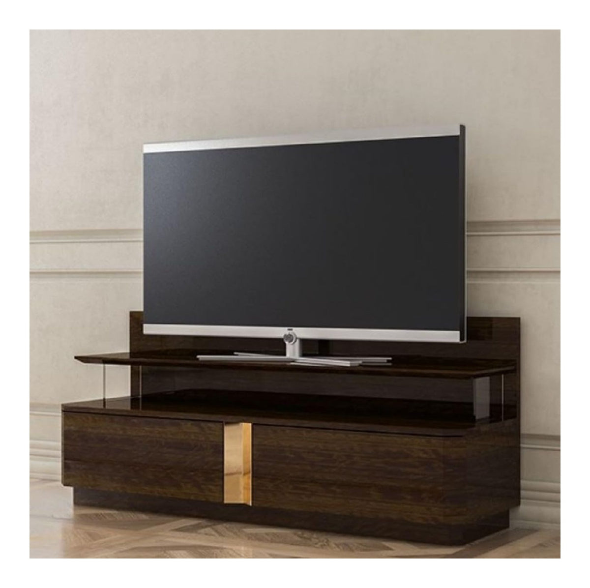 Luxus Wohnzimmer TV Schrank mit 2 Schubladen Braun/Gold 150 x 50 x H. 67 cm - Edle Wohnzimmer Mobel - Luxus Qualitat