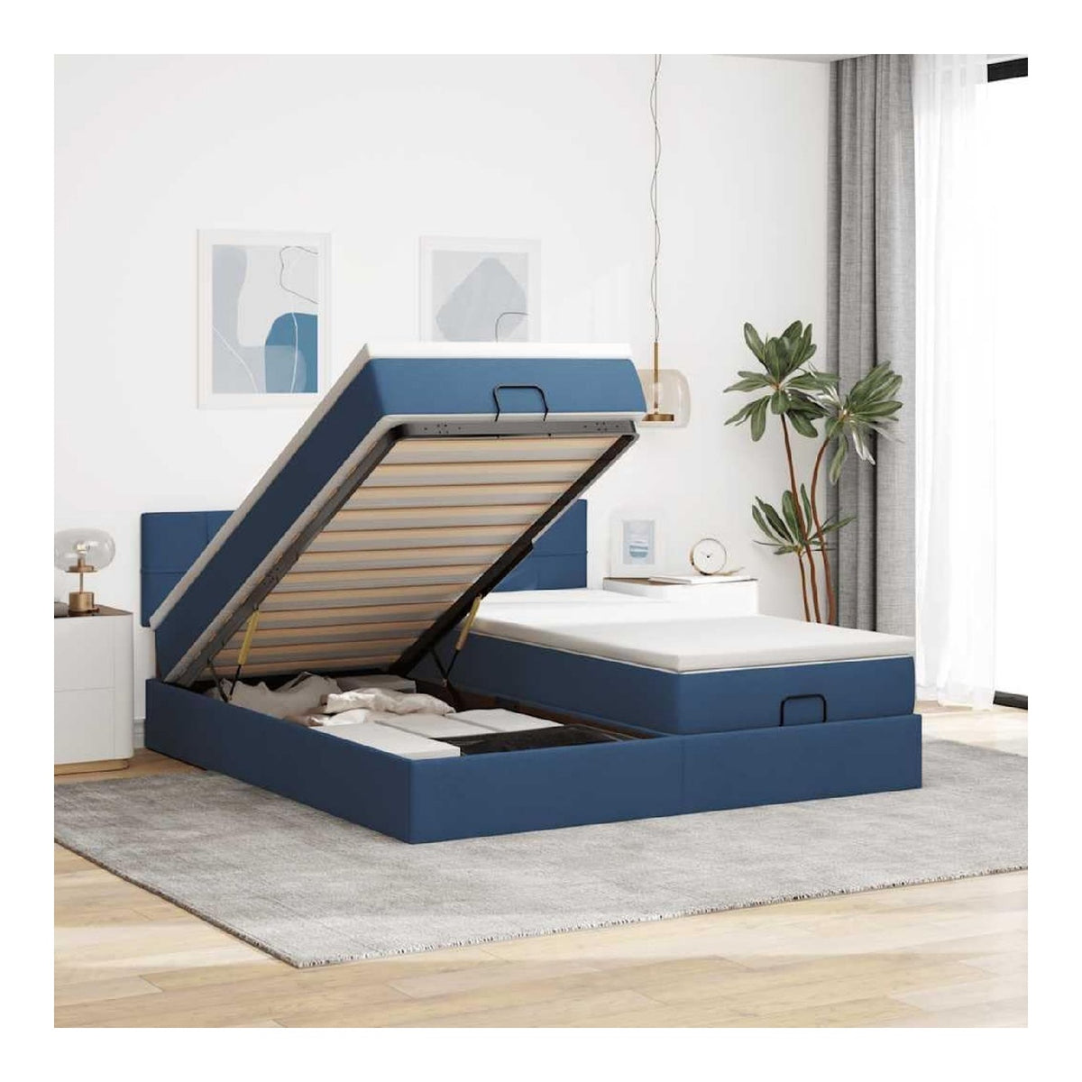 Ottoman-Bett mit Matratzen Blau 200x200 cm, Stoffbezug, gro es Bettgestell mit Stauraum, Taschenfederkernmatratze, komfortable Matratzenauflage, Schlafzimmer-Mobel
