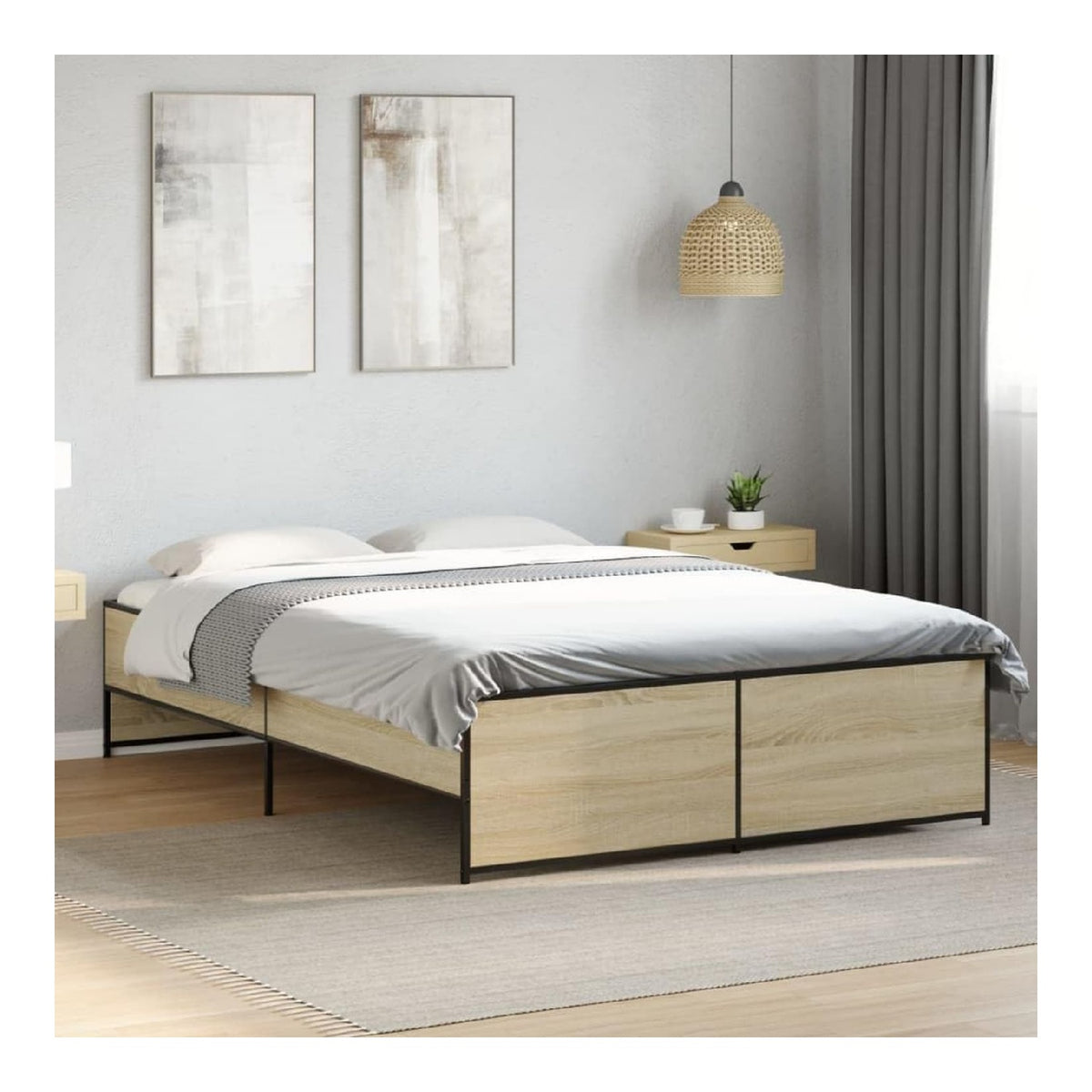 Bettgestell Sonoma-Eiche 140x190 cm, Holzwerkstoff, stabile Metallbeine, Robustes Schlafzimmer-Mobel, langlebiges Plattformbett fur erholsamen Schlaf