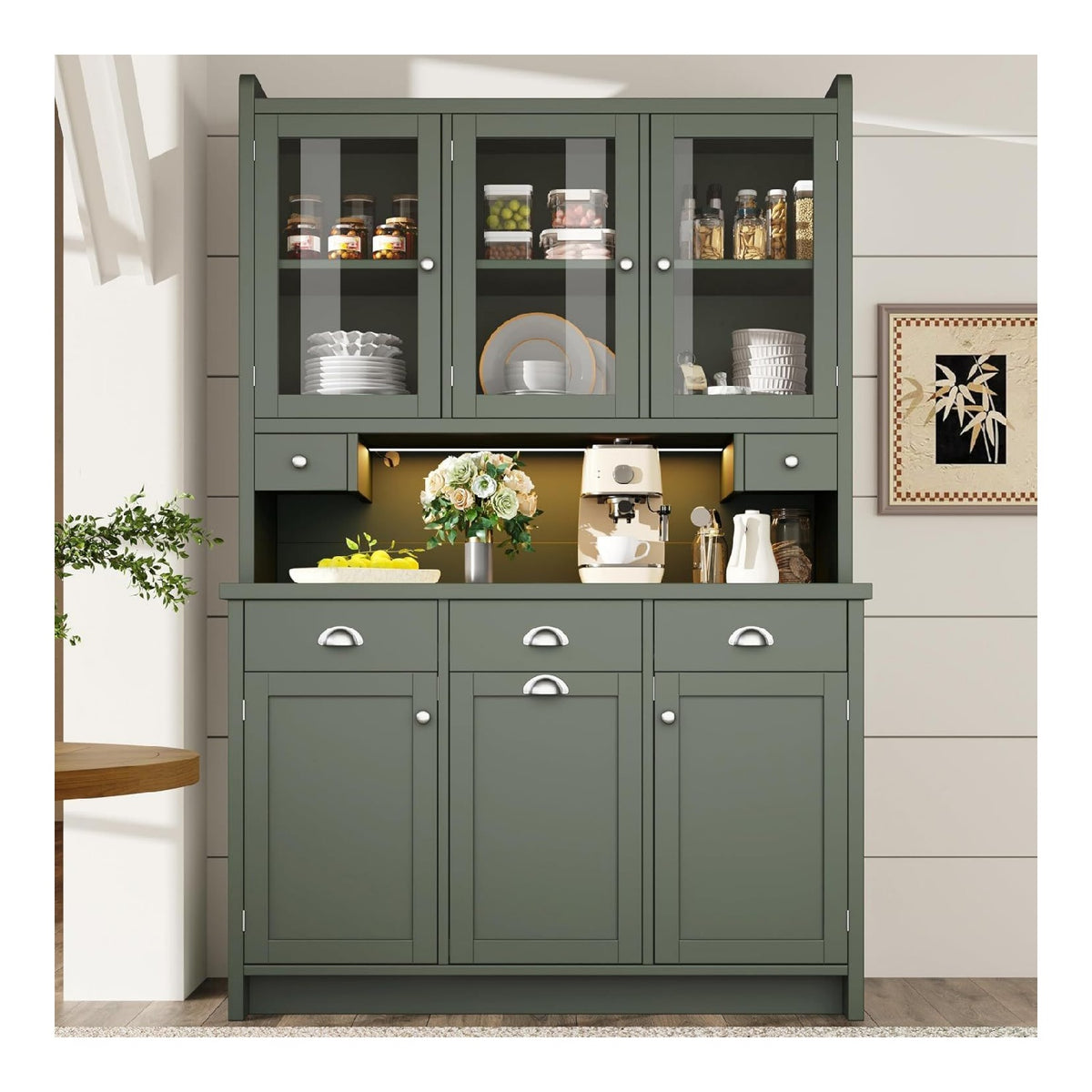 Kuchenschrank mit Verstellbare Einlegeboden, Buffetschrank mit 3 Glasturen, Kuchenhochschrank mit LED-Beleuchtung, Geschirrschrank, Stauraumschrank fur Kuche, Esszimmer, Wohnzimmer, Grun