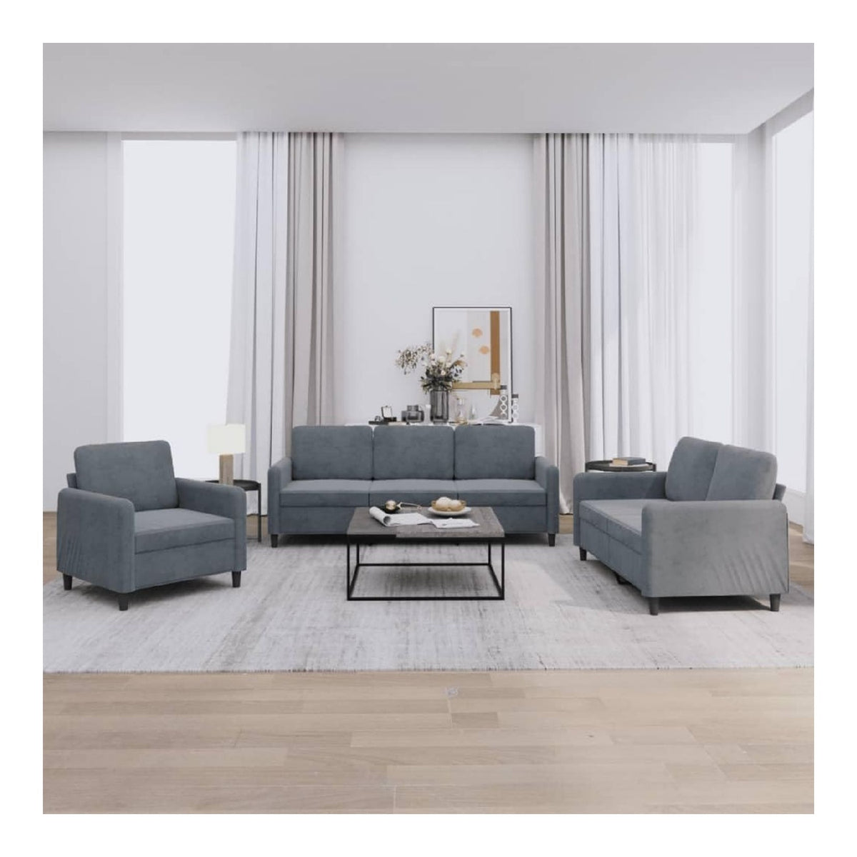 Dunkelgrauer Samt-Sofa-Set mit 3 Stucken, 2- und 3-Sitzer, Polsterung, 80 cm Hohe - Wohnzimmer Komfort Model3201935