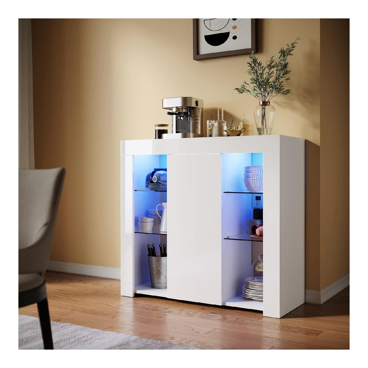 Sideboard B90xT35xH83 cm mit LED Beleuchtung mit Glasregal Wei Hochglanz