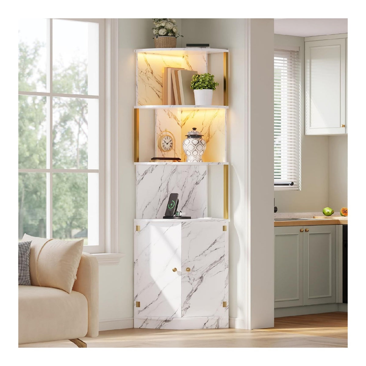 Eckschrank, Kuchenschrank mit LED-Beleuchtung und Steckdose, Sideboard mit 2 Turen und 3 Einlegeboden, Mehrzweckschrank mit Marmoroptik fur Kuche, Esszimmer und Wohnzimmer, 38x38x180cm, Wei