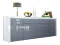 Sideboard La Paz V2, Made in Germany, Kommode mit 2 Turen, 2 Schubkasten und 2 Klappen, Wei Hochglanz/Grau Hochglanz/Wei Hochglanz (200 x 72 x 35 cm)